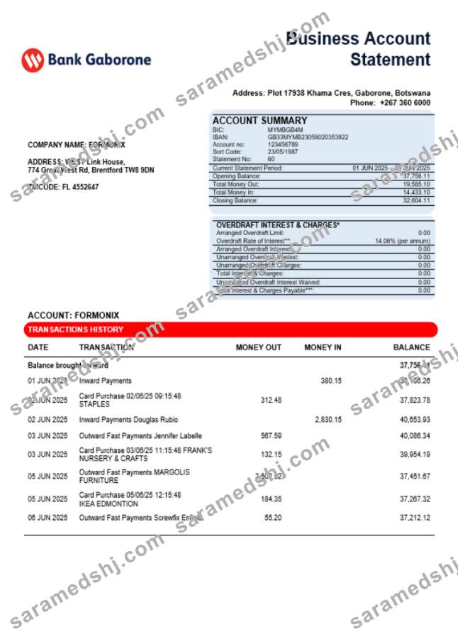 Bank Gaborone business firm statement Word and PDF format